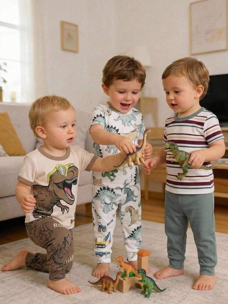 SHEIN 6pcs Baby Boy Unisex Baby Clothes Casual Cute Knitted Cartoon Dinosaur Print Striped Pattern Short Sleeve Long Pants Set Basic Multi-Piece Fitted Outfit - Multicolor - View 6