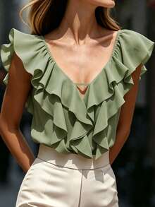 Flora Isola Flora Isola Women's Summer V-Neck Hollow Out Ruffle Trim Camisole Top, French Style Elegant Loose Fit Slimming Commuter Brunch Date Design Blouse Sage Green - Green - View 4