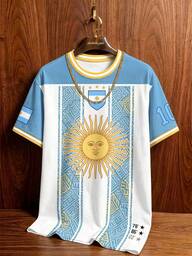 Aesthetic Post Men's Argentina No.10 Sun Print Football Soccer Jersey Tee, Striped Top, Ideal For Matches, Hangouts, Parties & Daily Wear, Holiday
