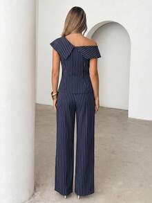 Siren Gaze Women Summer Casual Striped Foldover Asymmetric Collar Fitted Top Wide Leg Pants 2 Sets Elegant Going Out Vacation Y2k Work Office Business - Navy Blue - View 3