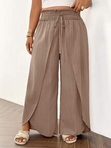Lounesse Plus Size Solid Color Wrap Slit Pants For Vacation Casual Wear - Khaki - View 7
