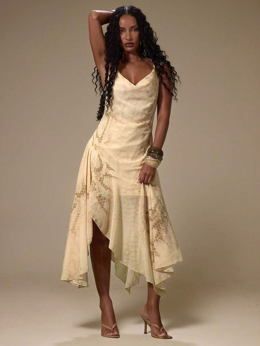 MUSERA Cream Mesh Cowl Hanky Hem Asymmetric Drape Midi Dress - Multicolor - View 1