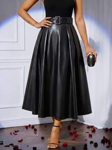 SHEIN Lady 女款純色PU皮革時尚百搭日常休閒裙 - 黑色 - 查看 3