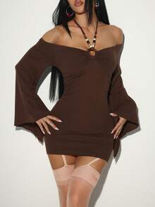EgrlEra Vintage Sexy Coffee Brown Beaded Waist-Cinching Off-Shoulder Halter Neck Dress, Niche Hot Girl Style, Asymmetrical Long Sleeve Party Club Autumn - Brown - View 1
