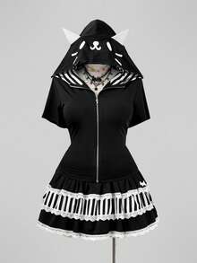 Sunspun 2pcs Sexy Black Animal Ear Cat Ear Hoodie & Striped Sweatshirt Jacket With Striped Cute Decor Half Skirt, Sexy Holiday Elegant Suitable For Festival Commute Outing Date Party Dark Punk Y2K Beach Outfit 2-Piece Set - Black and White - View 4