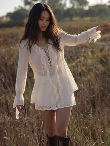 Willow Rêve 女款米白色浪漫荷葉邊綁帶襯衫，度假風，情人節，波希米亞風，適合約會早午餐、野餐、秋季 - 杏色 - 查看 2