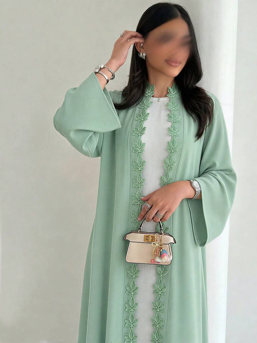 Yasmyna Áo choàng Abaya nữ Ả Rập dáng rộng màu trơn mặc hàng ngày thêu ruy băng tinh xảo