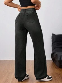 SHEIN Tall 女款高腰男友牛仔褲，淡藍色水洗 Y2K 風格丹寧長褲，適合高個女性 - 黑色 - 查看 2