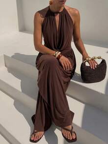 SHEIN x Rafa Kalimann Zivah Women's Solid Color Draped Neck Cowl Neck Fashion Jumpsuit For Vacation - Brown - View 12