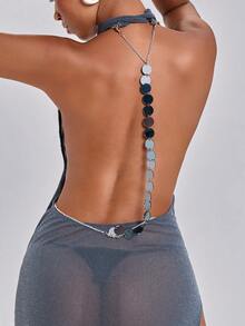 ACID BLVD Summer Casual Sexy Y2K Party Semi-Sheer Glitter Textured Deep V-Neck Tie-Up Backless Metal Chain Women's Dress - Dark Grey - View 4