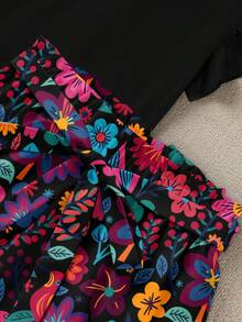 SHEIN LUNE Conjunto de 2 piezas de blusa de manga con volantes de unicolor y shorts estampados de talla grande, adecuado para usar en fiestas, conjunto de 2 piezas de talla grande conjunto de 2 piezas de talla grande - Multicolor - Ver 5