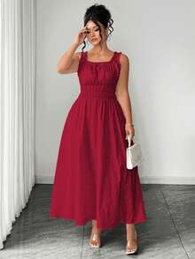Elenzga Damen-Sommerkleid in Große Größen, A-Linie, quadratischer Ausschnitt, Jacquard, geraffte Taille, ärmellos, mit Schleife, elegant, vintage, romantisch, für Hochzeitsgast, Party und Urlaub, Burgunderrot - Bordeaux - Übersicht 6