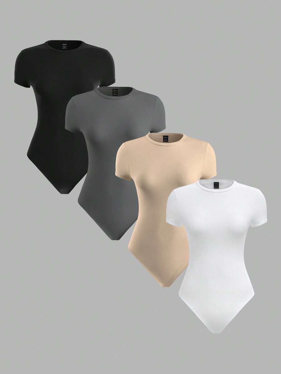 SHEIN BASICS 4件裝女款素色針織圓領短袖修身連身衣，休閒極簡基礎夏季日常穿搭，黑色、灰色、米色、白色