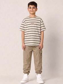 2piezas/Set Conjunto de Top de Manga Corta con Estampado de Rayas y Pantalones Largos de unicolor Casual Cómodo y Versátil para Niños Preadolescentes - Multicolor - Ver 2