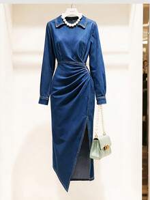 SHEIN LUNE CURVE Plus Size Women Ruched Slit Design Fashion Date Workwear Party Denim Dress Blue Autumn Elegant - Blue - View 2