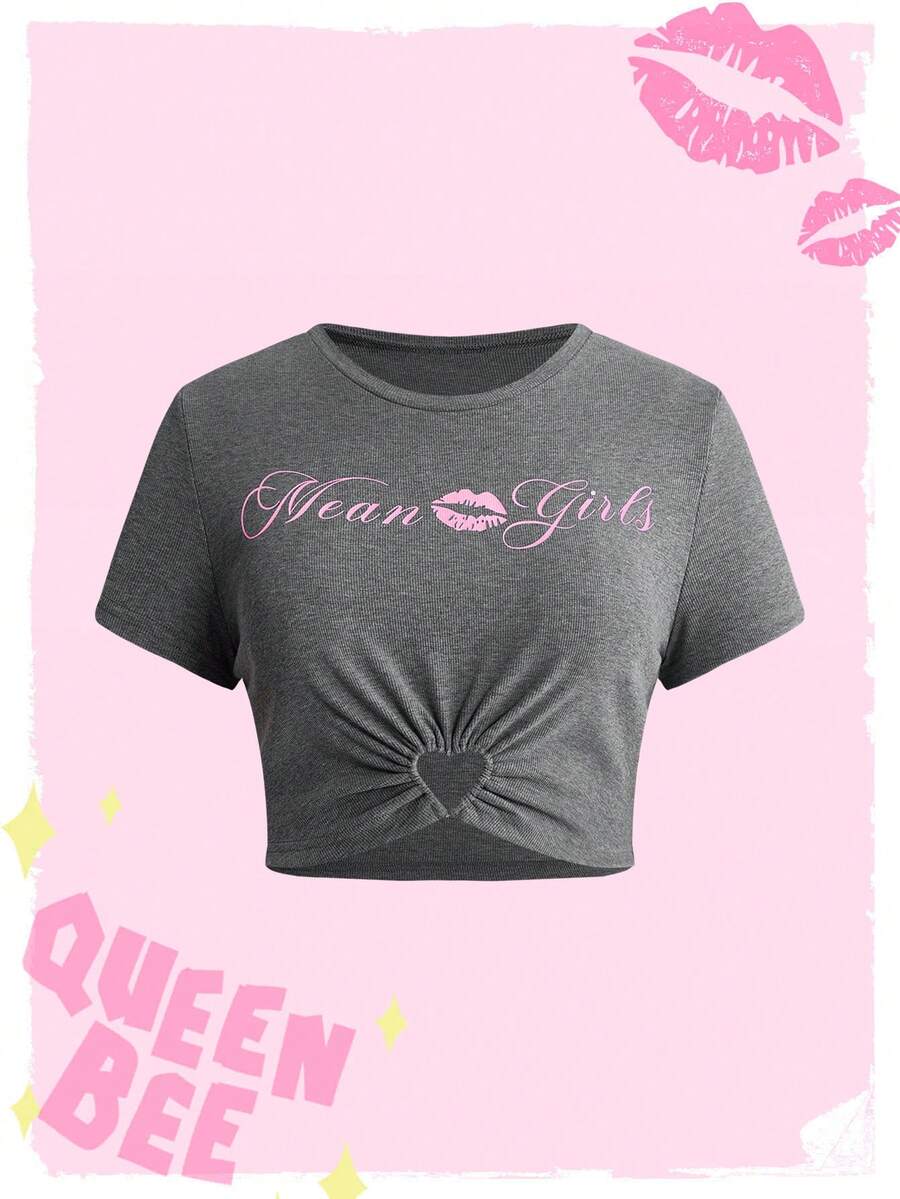 Mean Girls | ROMWE 聯名款卡通圖案印花大尺碼T恤 - 灰色 - 查看 1