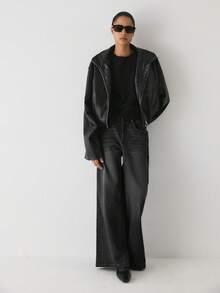 YARNWELL Women's Straight Leg Loose Casual Versatile Denim Jeans With Pockets - Black - View 5