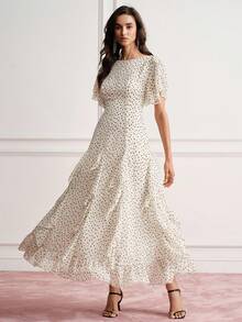 BELROSIE Elegant Women's Summer Wedding Garden Party Tea Party Dress, White And Black Polka Dot Contrast Color, Asymmetrical Hand-Painted Chiffon Cinched Waist - Apricot - View 5