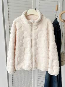 SHEIN Tween Girl Casual Versatile Heart Pattern Fuzzy Long Sleeve Stand Collar Jacket , Fall/Winter - White - View 7
