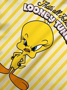 LOONEY TUNES X SHEIN 女士休闲时尚街头日常通勤趣味卡通字母条纹印花短袖T恤，夏季 - 白色 - 查看 7
