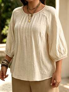 SHEIN LUNE CURVE Plus Size Women's Casual Comfortable Round Neck 3/4 Sleeve Shirt, Summer Fall - Apricot - View 3