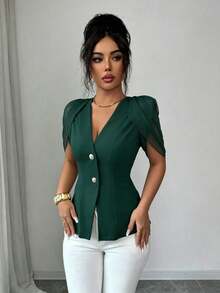 SHEIN Elenzya 女士优雅浪漫修身西装外套，V领设计，褶裥收腰 - 墨綠色 - 查看 4