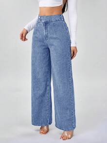 SHEIN ICON 女款鈕扣休閒街頭風百搭牛仔褲，牛仔女郎穿搭，藍色，適合日常穿著、返校、上班辦公、夏季 - 黑色 - 查看 4