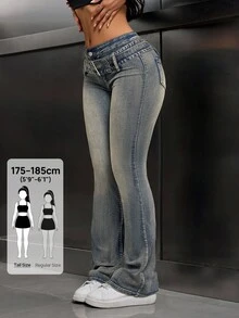 SHEIN Tall 女款街頭風低腰扣環喇叭褲牛仔褲，適合高個女性 - 淺色水洗藍 - 查看 7
