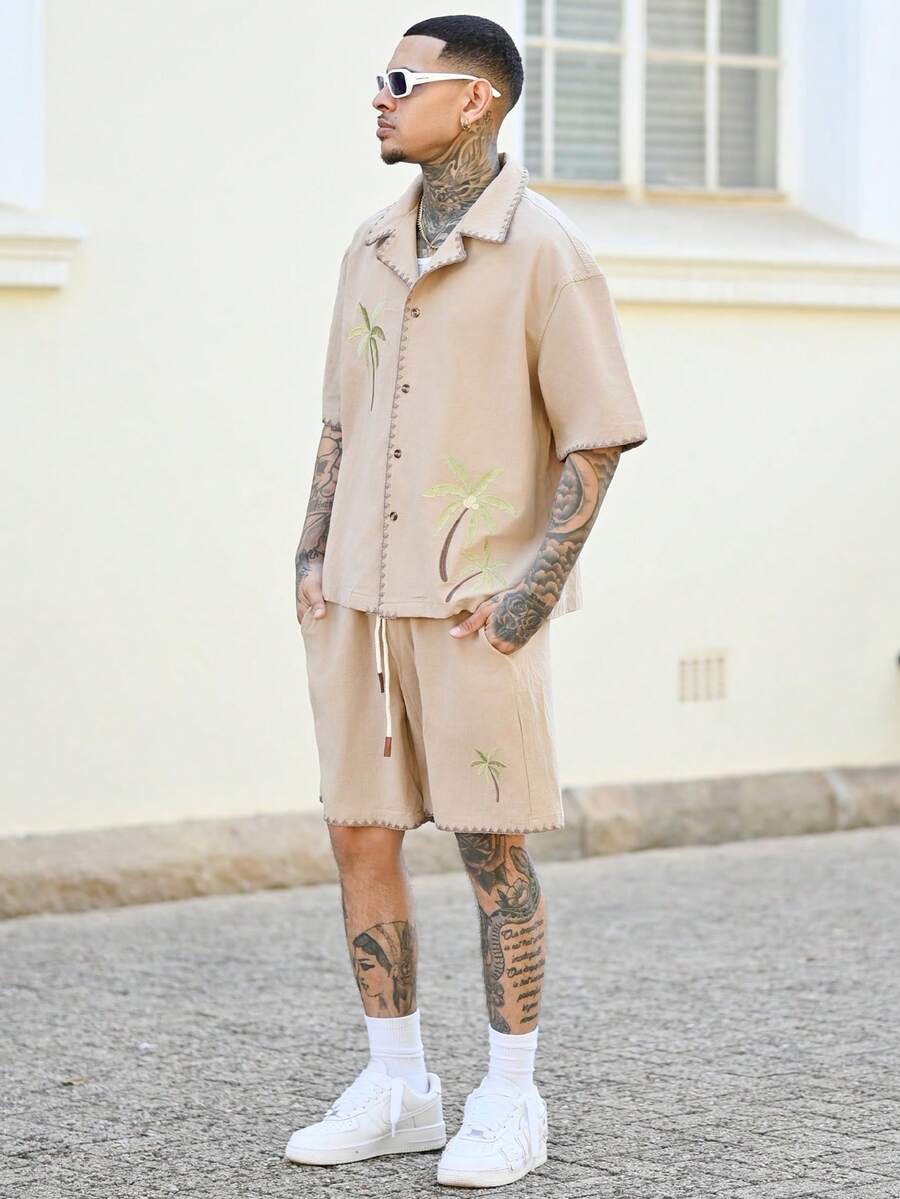 Devon Thys 2 件男士休闲宽松短袖衬衫和松紧腰直筒短裤套装,舒适服装 - 駝色 - 查看 1