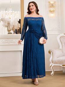 Reflora Plus Size Women's Off-Shoulder Long Sleeve 3D Floral Decor Lace Elegant Dress Fall - Blue - View 3