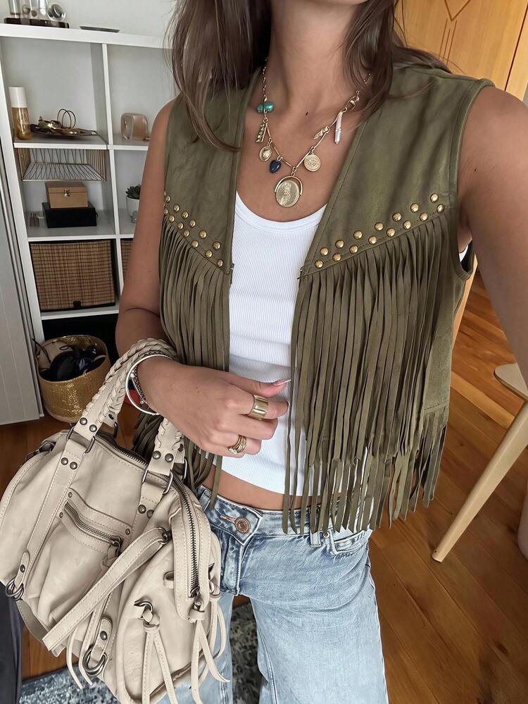 Brillora Fringe Trim Open Front Vest Summer Jacket In Fall/Winter - Army Green - View 14