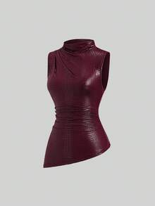 Sweetra Damen-Bluse in Burgunderrot mit hohem Kragen, plissiert, figurbetonend und asymmetrischem Saum, Tanktop-Stil - Bordeaux - Übersicht 1