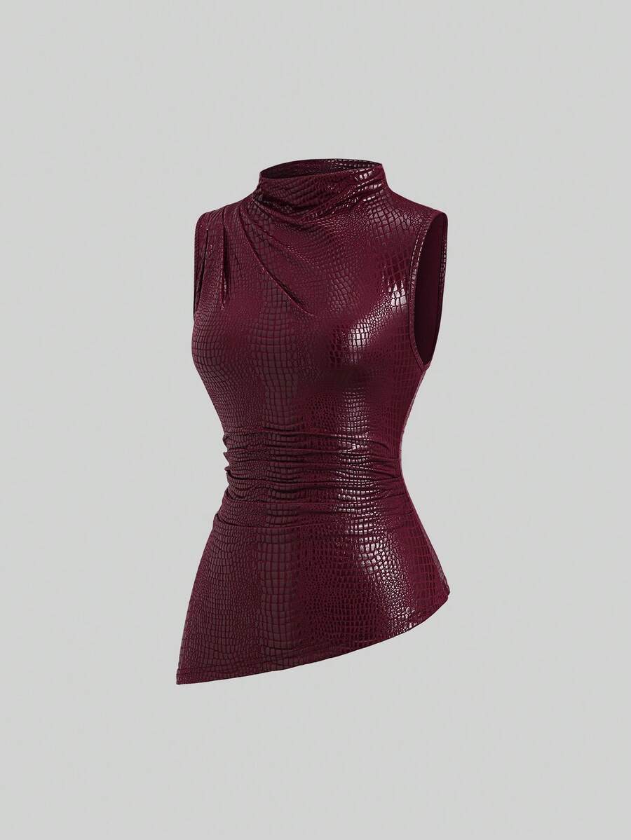 Sweetra Damen-Bluse in Burgunderrot mit hohem Kragen, plissiert, figurbetonend und asymmetrischem Saum, Tanktop-Stil - Bordeaux - Übersicht 1