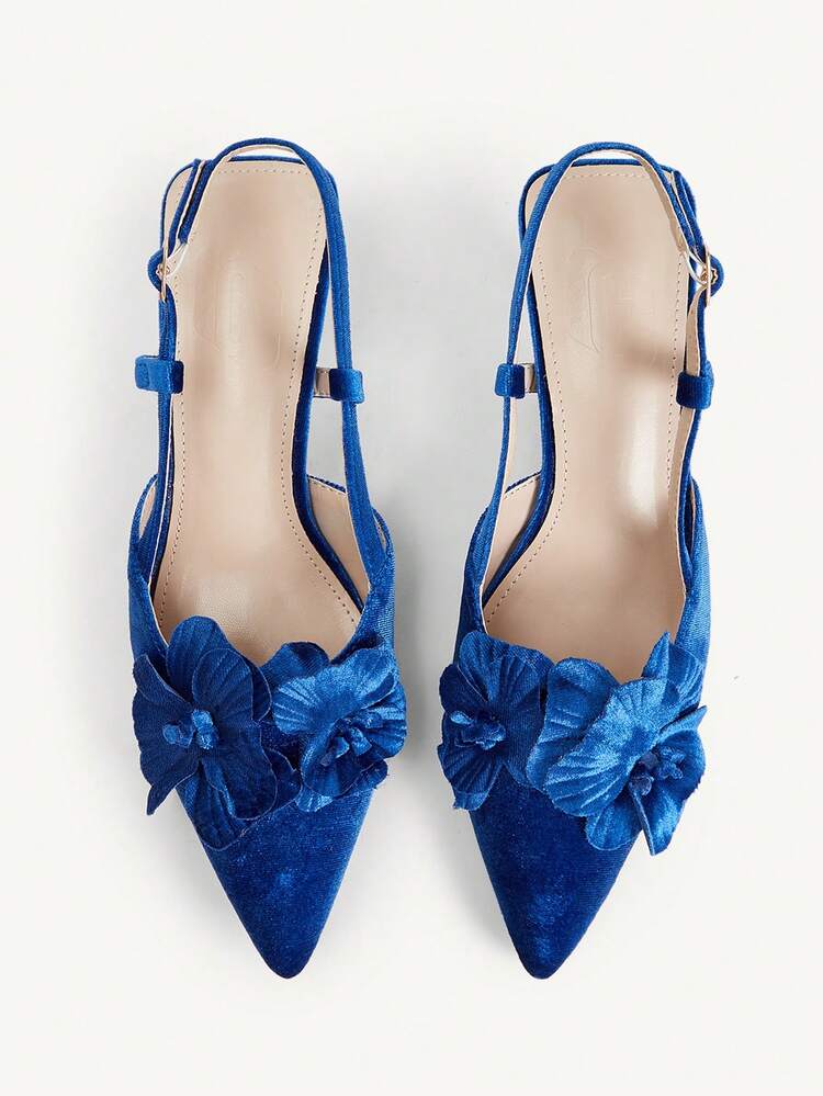 CUCCOO CHICEST Women's 3D Large Flower Pointed Toe Wine Glass Mid Heel Elegant Romantic Classic Blue Faux Leather Slingback Autumn Shoes - Blue 1 - View 2