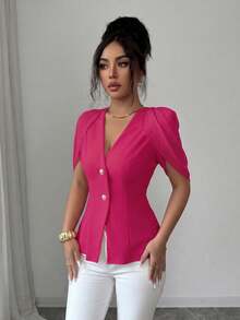 SHEIN Elenzya Women's Elegant Romantic Tailored Blazer With V-Neck, Pleated And Cinched Waist - Hot Pink - View 3