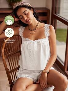 Lullawish Bohemian Romantic Lace Cami & Shorts Pajama Set, 100% Cotton, Women's - White - View 6