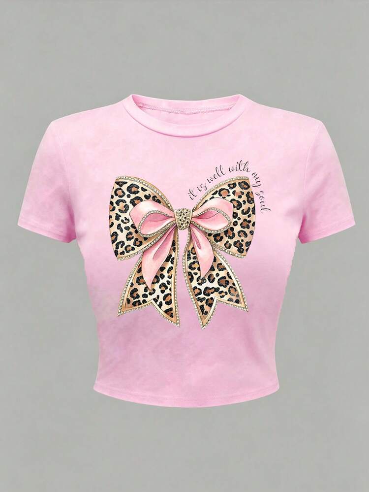 Áo thun croptop ngắn tay cho bé gái tuổi teen, phong cách casual thoải mái thời trang retro, họa tiết da báo, nơ và chữ graphic, phù hợp mặc ngoài trời, thể thao, dạo phố, mùa hè - Hồng - Xem 3