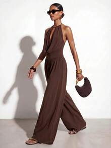 SHEIN x Rafa Kalimann Zivah Women's Solid Color Draped Neck Cowl Neck Fashion Jumpsuit For Vacation - Brown - View 7