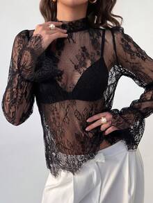 Rafferiza Women's Sexy Lace Flare Sleeve Top, Stylish Beach Vacation Party Revealing Crop Top - Black - View 5