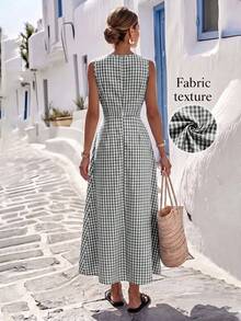 SHEIN LUNE Women's Summer Blue & White Plaid Fabric Round Neck Cinched Waist Full Skirt Sleeveless Maxi Dress, Elegant Sophisticated Birthday Gift Date Party Festival Travel Beach Vacation Street Photography Outfit, Summer Clothing, Summer Dress, Summer New Arrival Essential Fashion Item, Niche Design Versatile Style, Women's Casual Vacation Style Maxi Dress - Black - View 2