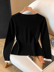 GlowEve CURVE Plus Size Elegant Fitted 3D Lace V-Neck Long Sleeve Pullover Sweater - Black - View 2