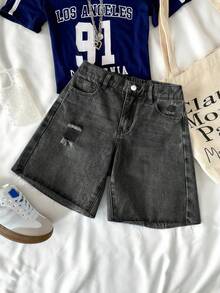SHEIN Shorts vaqueros desgastados de tiro bajo con dobladillo deshilachado, estilo casual de primavera y verano para adolescentes, ideal para playa, vacaciones, boho, conciertos y festivales de verano - Negro - Ver 1