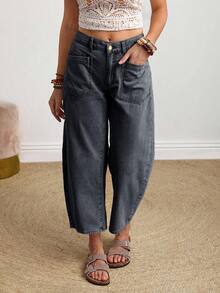 SHEIN PETITE 女款純色休閒牛仔褲 黑色寬腿牛仔褲 黑色寬鬆牛仔褲 寬鬆牛仔褲 女款寬鬆牛仔褲 短版寬腿牛仔褲，小個女款 - 黑色 - 查看 7