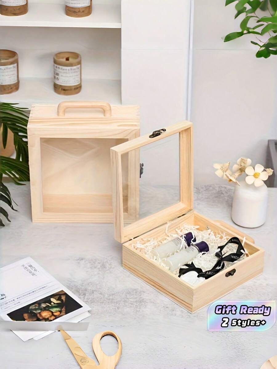 1pc Wooden Gift Box Creative Wedding Favor Storage Container With Handle Durable Portable Kraft Keepsake Organizer For Party Favor Jewelry Candy Decor Bridal Shower Engagement Anniversary Celebration - multicolor - View 1