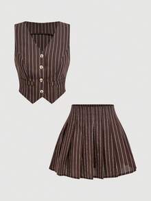 SHEIN MOD 女款條紋V領單排扣背心與迷你裙套裝 - 棕色 - 查看 4