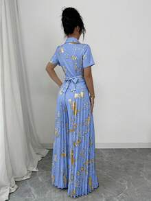 Elenzga 萬聖節女款兩件套服裝，藍金箔面料交叉裹身上衣搭配百褶寬腿褲，派對雞尾酒會夏季優雅穿搭 - 藍色 - 查看 2