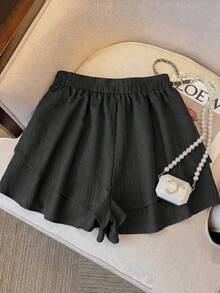 SHEIN PETITE 女款純色腰綁帶荷葉邊寬鬆裙褲 - 黑色 - 查看 2