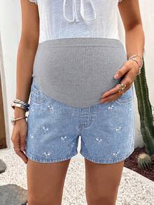 SHEIN 孕婦刺繡時尚百搭開衩牛仔短褲 - 藍色 - 查看 7