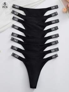 SHEIN 8件組多色奢華水鑽裝飾女款舒適丁字褲 - 黑色 - 查看 3