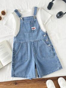 Girls' Summer Washed Comfortable Street Outdoor Fashion Campus Style Denim Decor Loose Soft Premium Cotton Fabric Mid-Blue Washed Denim Overall Shorts - Medium Wash - View 3